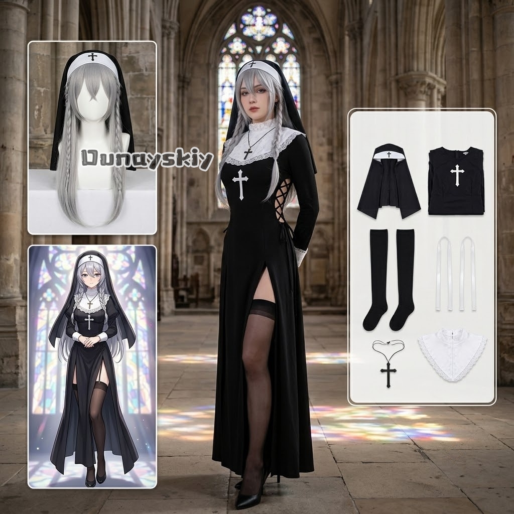 Photography Outfits - KS*06オリジナル修道女コスプレ衣装 ブラックレースビスチェ シアーメッシュ ハイ スリット セクシーユニフォームセット