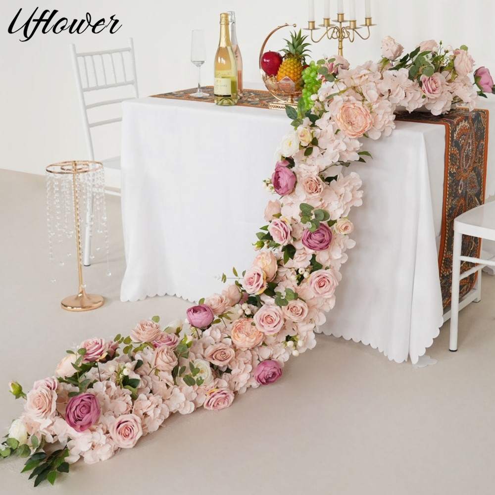 Photography Graduation - Uflower 200cm ピンクローズアジサイ造花列 ウェディング背景壁装飾テーブルセンターピースフラワーパーティーステージ小道具