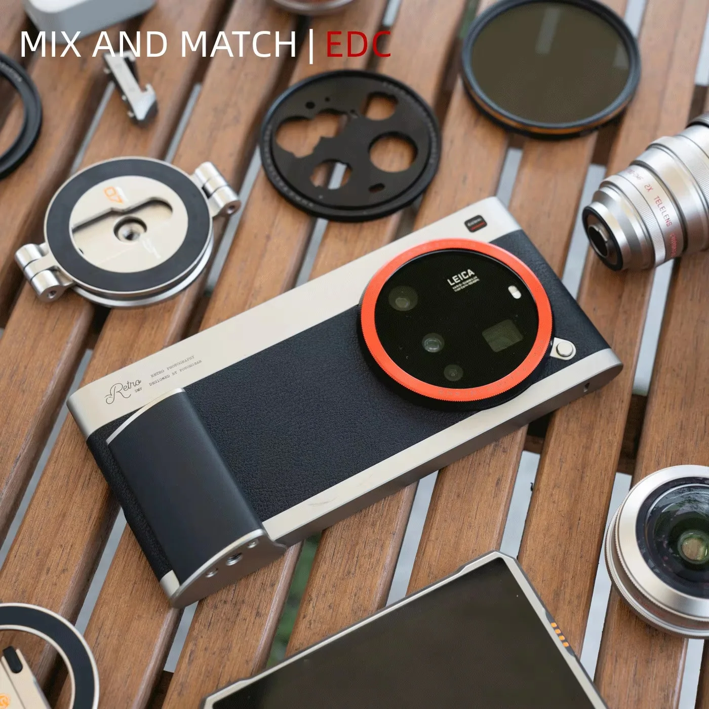Photography Xiaomi 14 Ultra - Fotorgear レトロ写真デザインのスマートフォンケースキット（Xiaomi 15 Ultra用）。Xiaomi 14 Ultra用スマートフォンケース。Tマウント式コールドシューケージ付き。