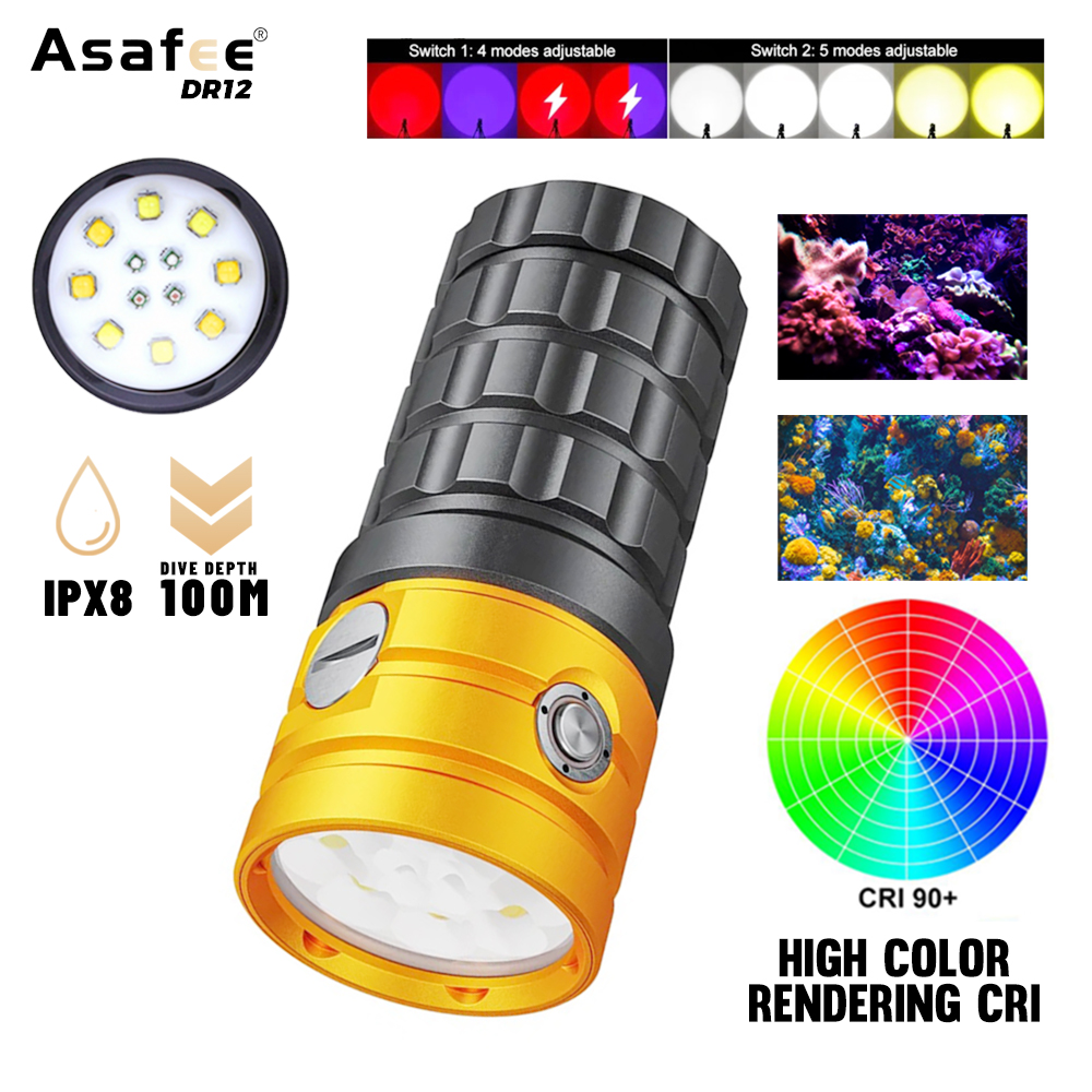 Photography Yellow Light - Asafee-プロのLEDダイビング懐中電灯,防水,赤,青,白,暖かい,水中,写真,ビデオ,トーチ,dr12,25000lm