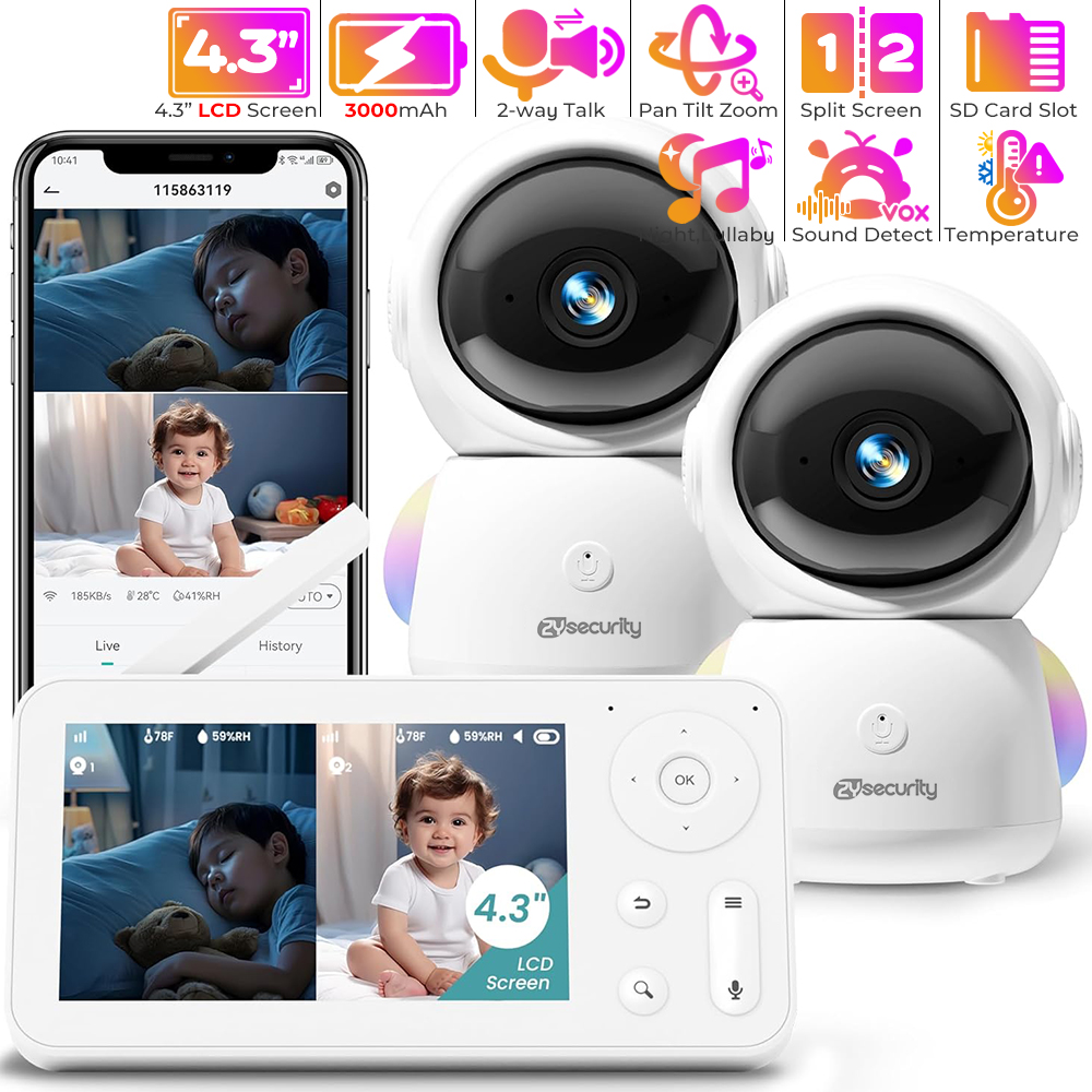 Photography Umbrella Lights - カメラとオーディオを備えたベビーモニター,常夜灯,2台のカメラ,wifi,スマートフォン,2.4g,保育園,ペット,高齢者向け,355 ° 回転,RGB, 2k